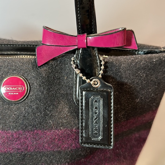 Coach Signature Wool Stripe Black Gray Berry Purple Satchel Bag - Picture 3 of 6